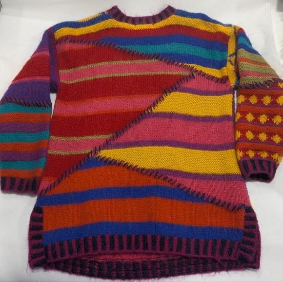 Vintage 1980's Rare Kenji Handknit Mohair Color Block Sweater Maximalist - Picture 5 of 8